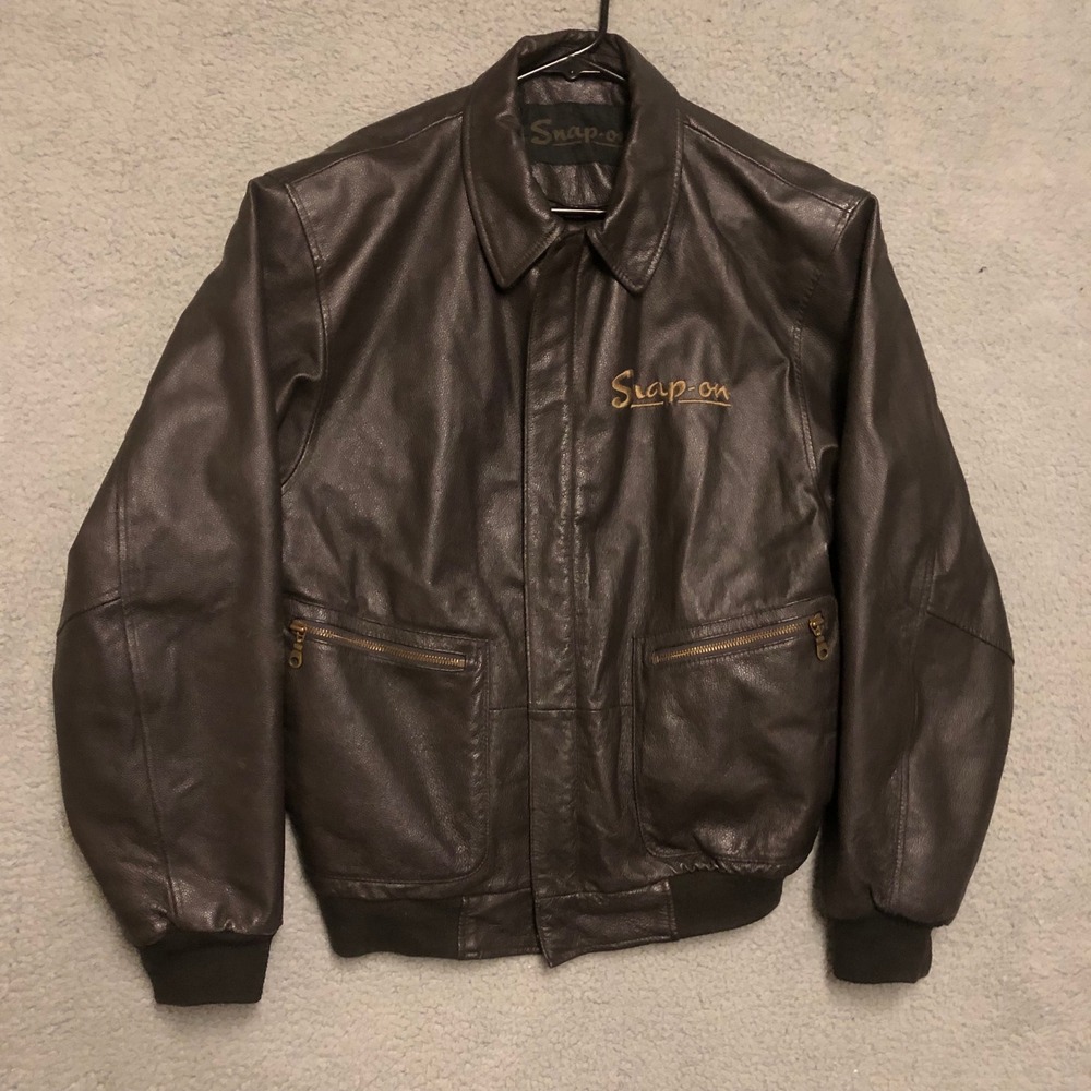 Snap-on‎ Tools Mens Brown Leather Bomber Jacket Flight Coat Embroidered Logo Med